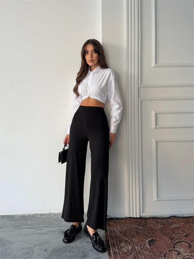 Bel İçten Lastik Kumaş Pantolon  - Siyah