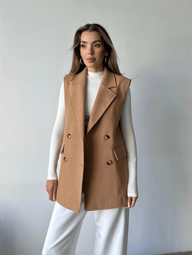 Düğmeli Kaşe Yelek - Camel