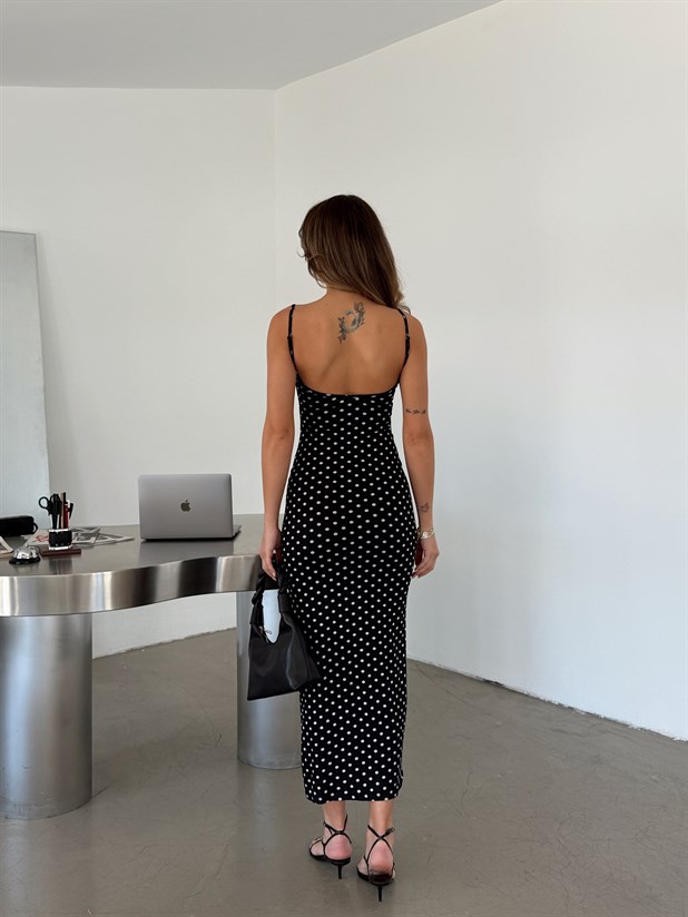 Askılı Puantiye Elbise - Siyah