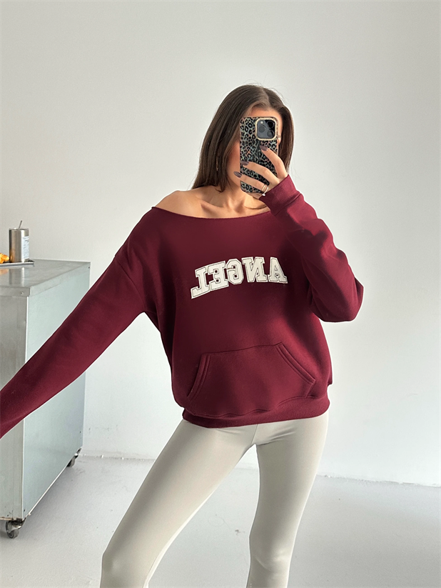 Angel Nakışlı Kayık Yaka Sweat - Bordo