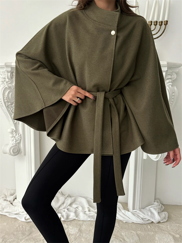 Kaşe Kuşaklı Pelerin Kaban - Haki