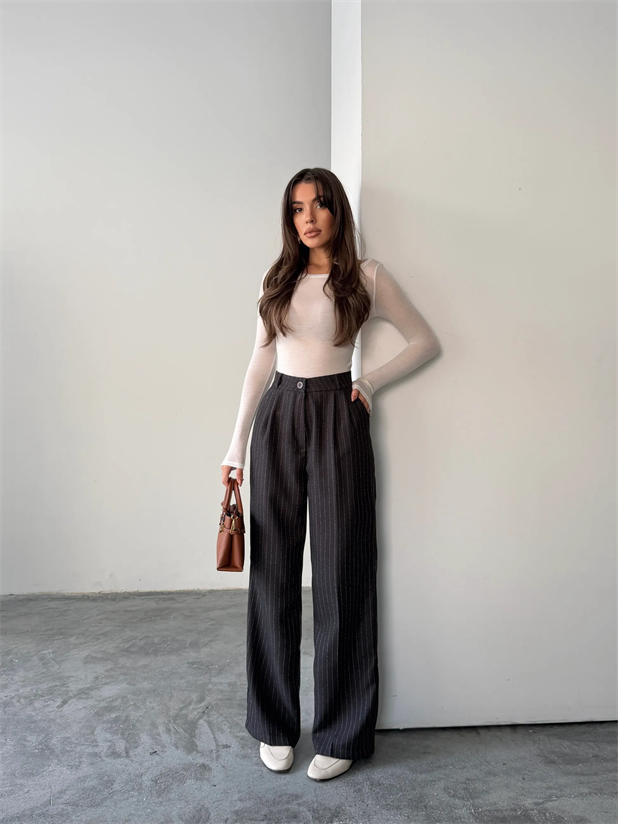 Yünefekt Çizgili Palazzo - Füme