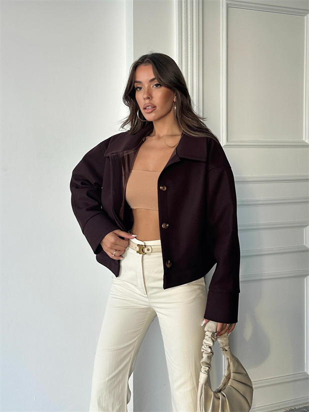 Kaşe Crop Mont - Kahve