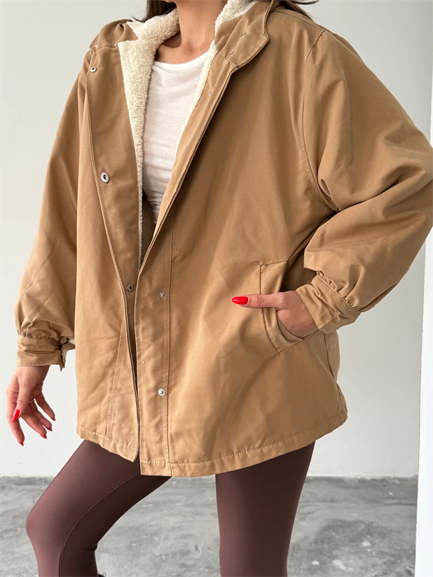 Kapüşonlu İçi Peluş Mont - Vizon