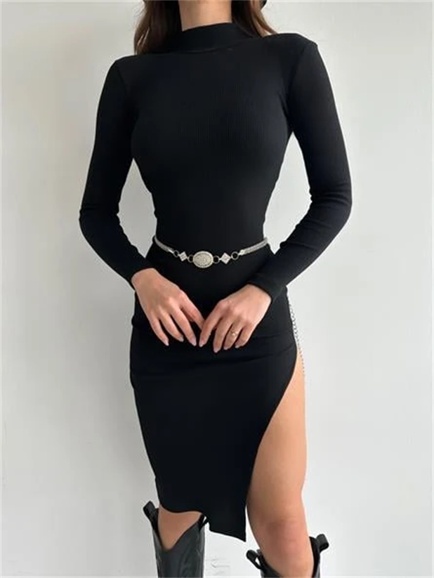 Balıkçı Yaka Fitilli Basic Elbise Siyah - Siyah