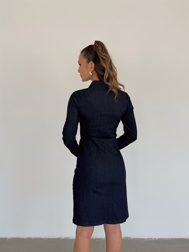 Önü Büzgülü Midi Boy Denim Elbise - Lacivert