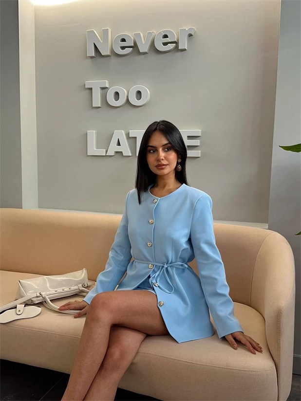 Belden Bağlamalı Bisiklet Yaka Ceket  - Bebe Mavi