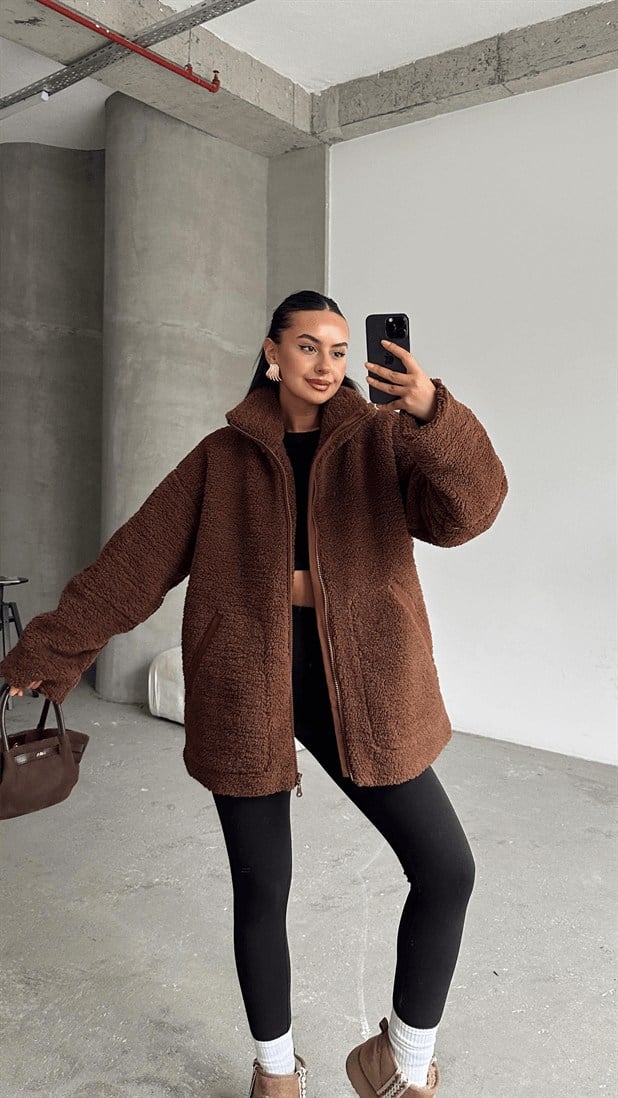 İç Astarlı Oversize Peluş Mont  - Kahverengi