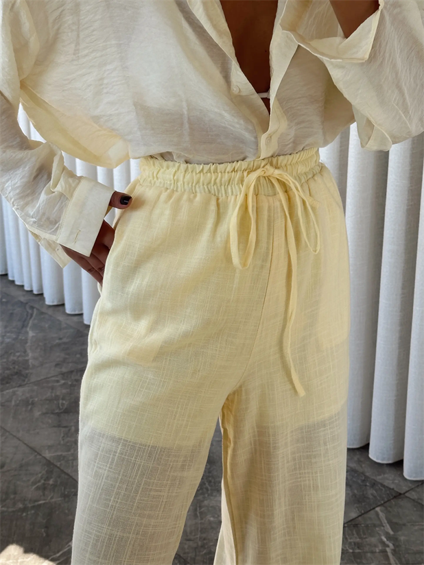 Bol Paça Keten Pantolon - Sarı