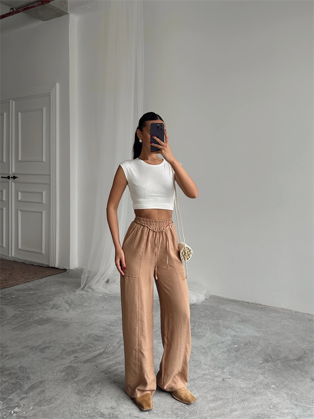 Belina Keten Bel Detay Pantolon Vizon - Vizon