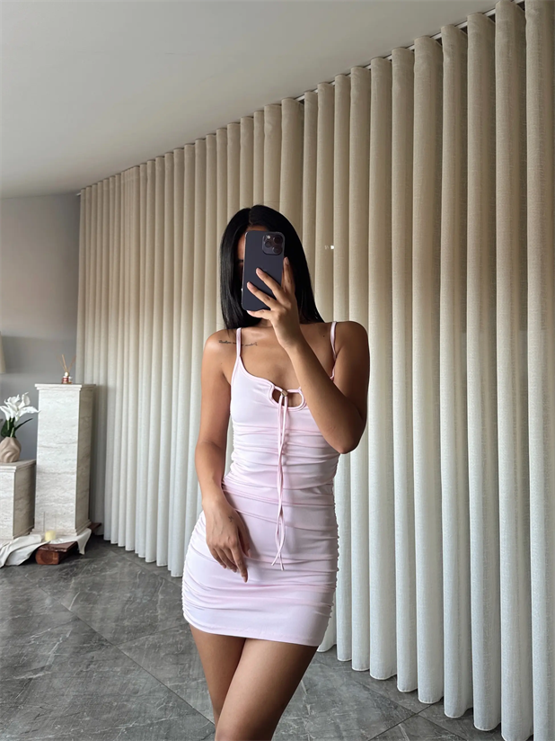 Yan Drape Mini Elbise  - Pembe