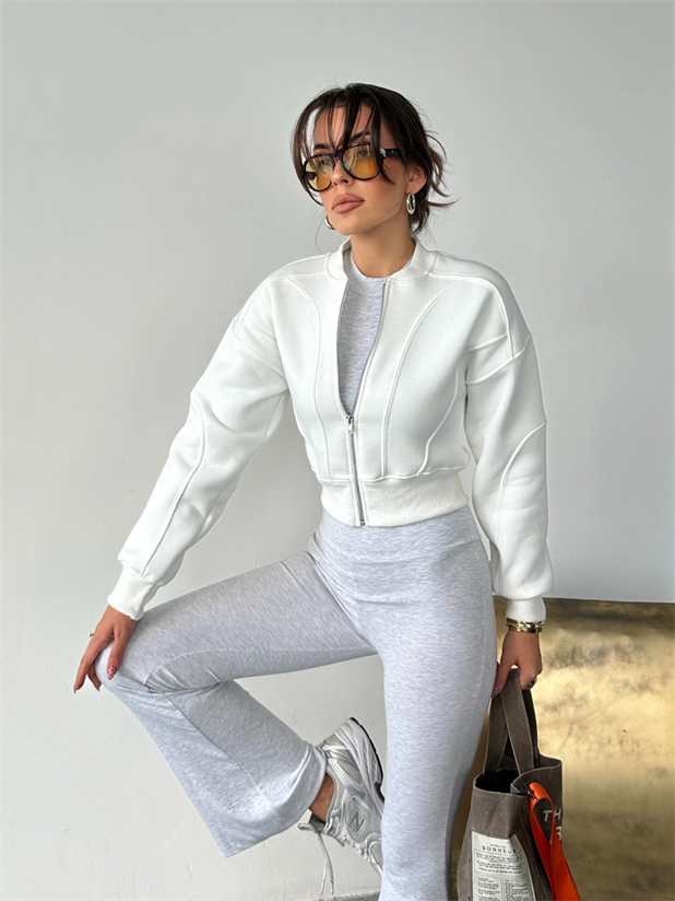 Bisiklet Yaka Fermuarlı Hırka - Beyaz