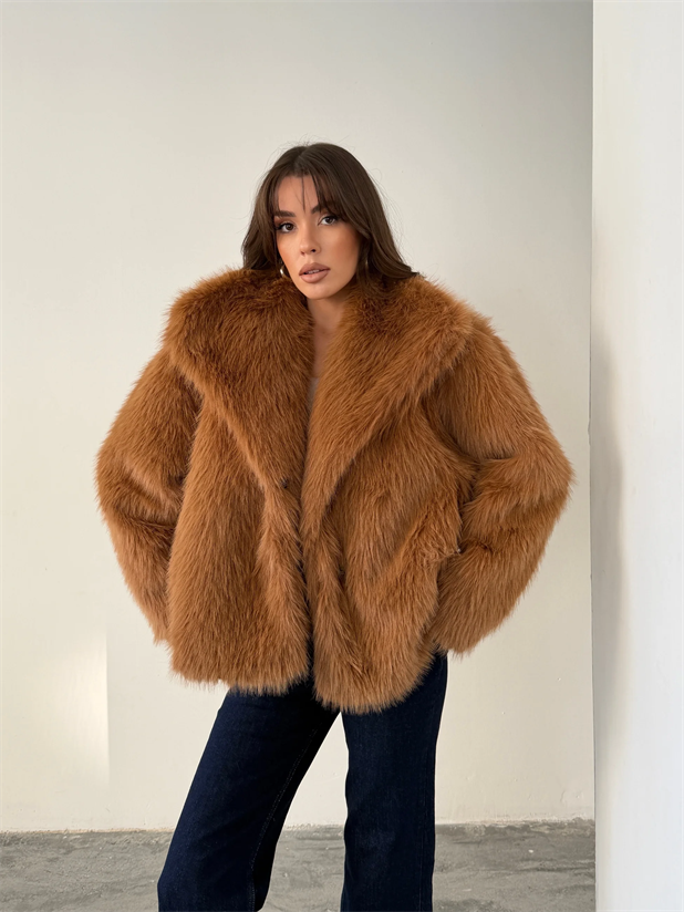 Çıtçıtlı Suni Kürk Ceket - Taba