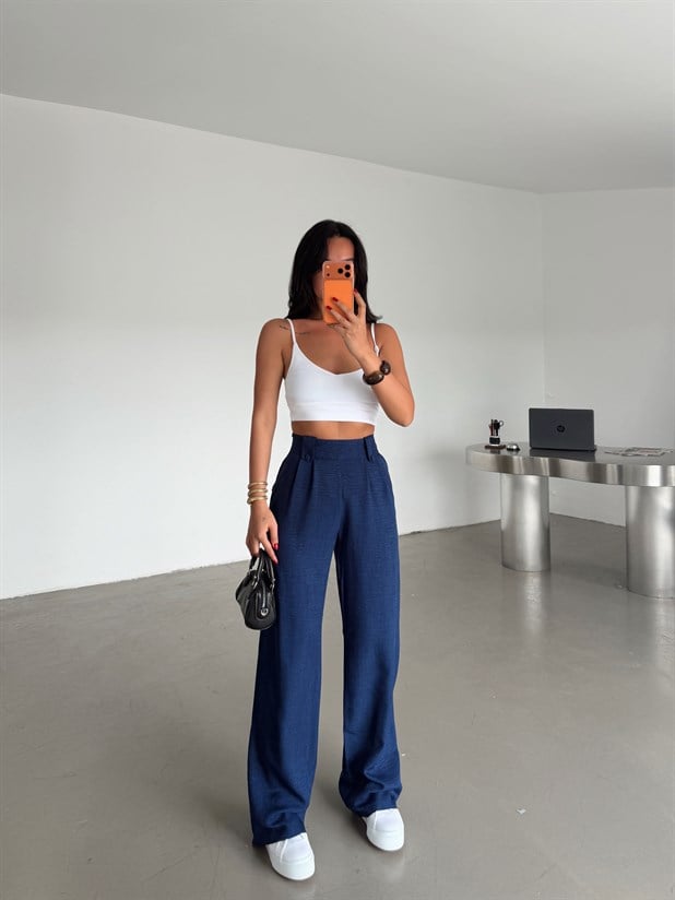 Apoletli Keten Palazzo - Lacivert