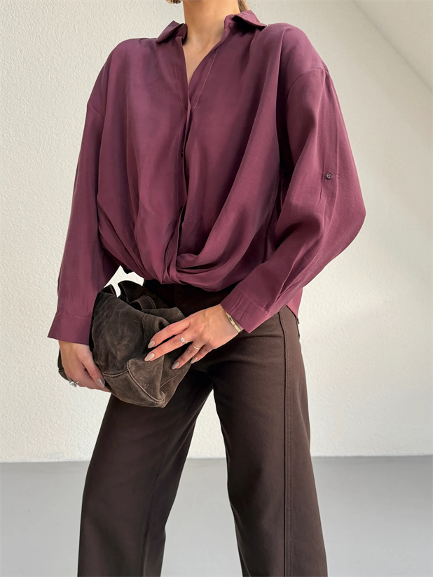 Önü Burgulu Modal Gömlek - Mürdüm