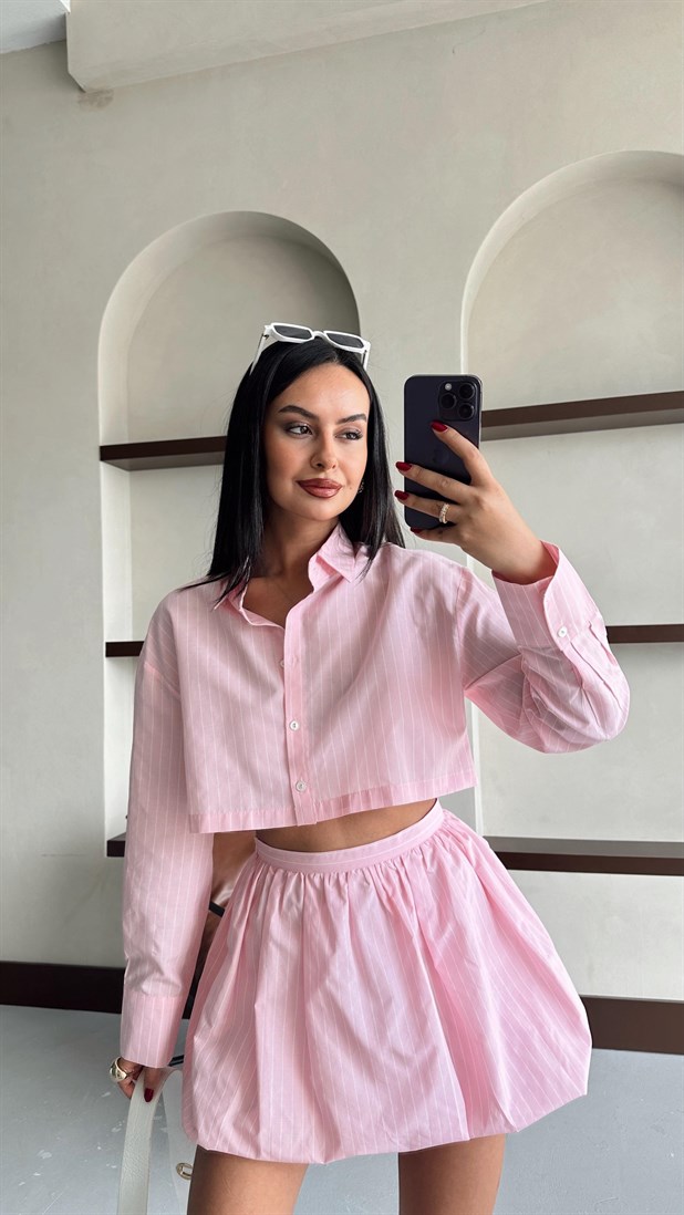 Çizgili Kısa Poplin Gömlek - Pembe