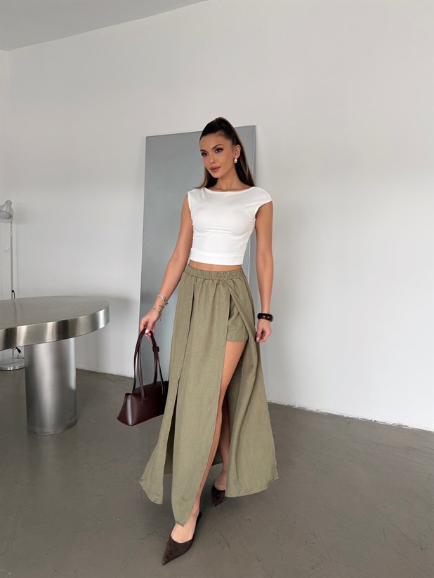 İçi Şortlu Derin Yırtmaç Maxi Etek - Haki