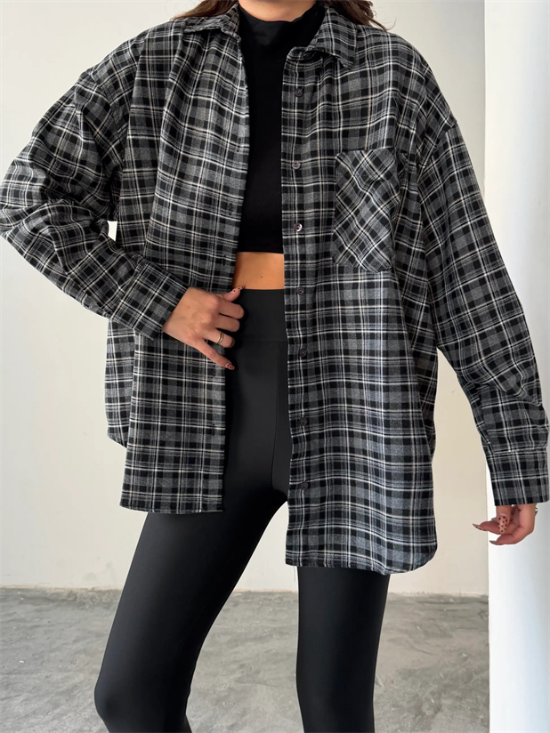 Kareli Oversize Gömlek - Siyah