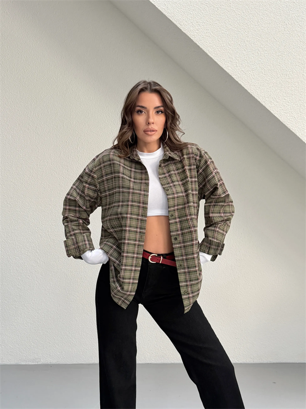 Kareli Oversize Gömlek - Haki