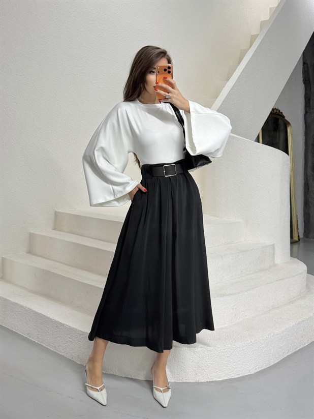 Tensel Kumaş Kemerli Kloş Etek - Siyah