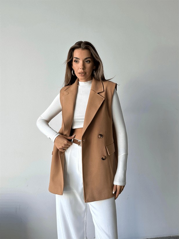 Düğmeli Kaşe Yelek - Camel