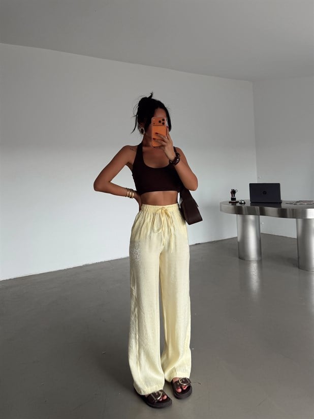 Desenli Parlak Keten Pantolon - Sarı