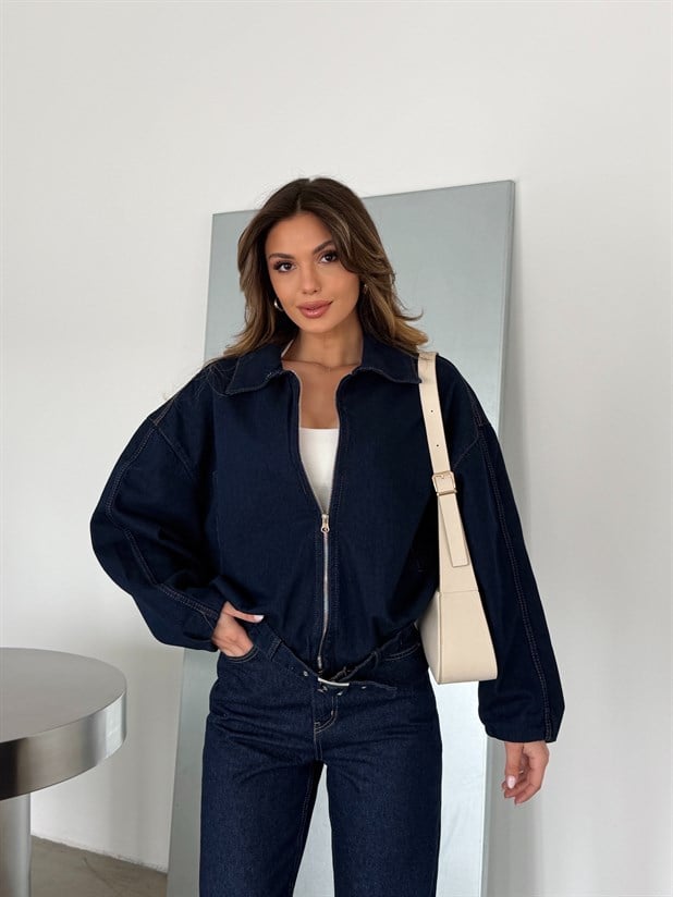 Kemerli Bomber Kot Ceket - Lacivert