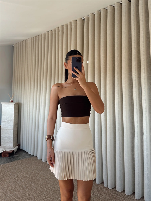 Yarım Piliseli Mini Etek - Taş