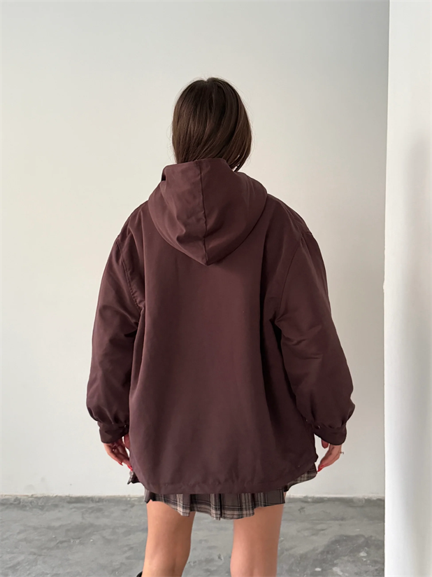 Kapüşonlu İçi Peluş Mont - Kahve