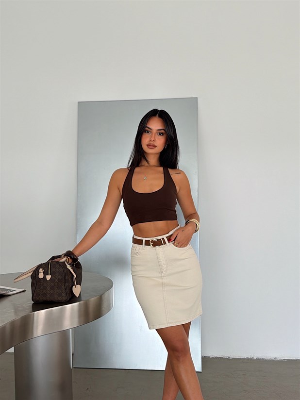 Deri Kemerli Mini Kot Etek - Bej