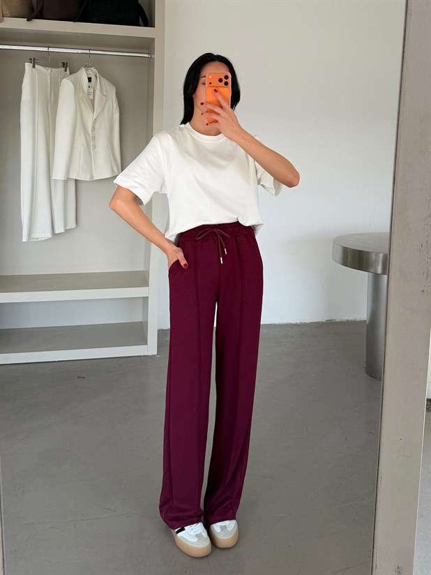 Çımalı Bol Paça Eşofman - Bordo