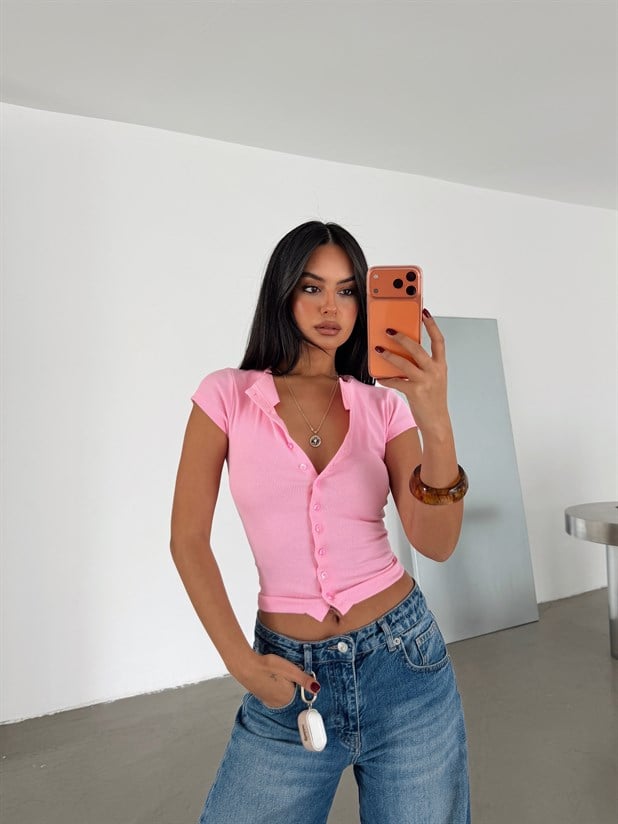 Full Düğmeli Fitilli Basic Bluz - Pembe