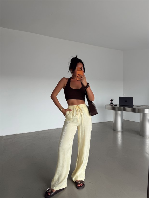 Desenli Parlak Keten Pantolon - Sarı