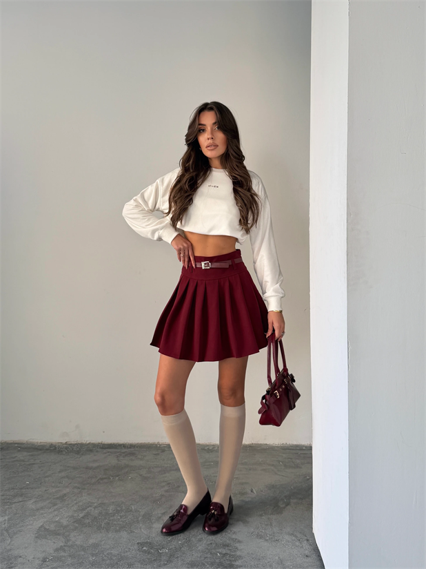 Kemerli Pileli Mini Etek - Bordo