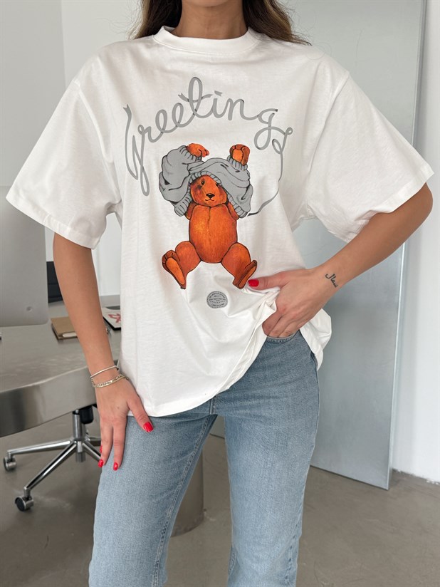 Bear Baskılı Basic - Beyaz