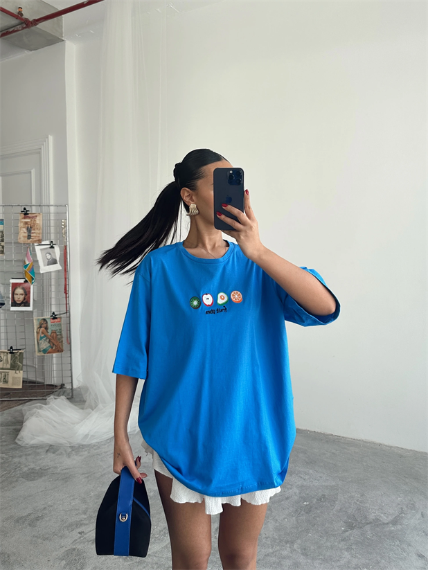 Fruit Nakış Basic T-shirt Mavi - Mavi