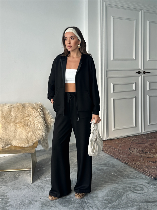Modal Fermuarlı Sweat-Palazzo Takım - Siyah