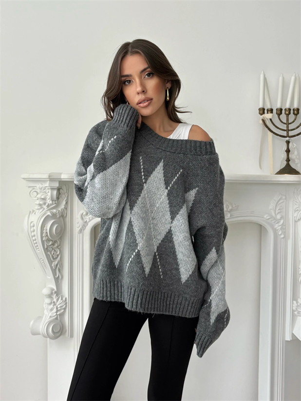 Oversize Baklava Desenli Kazak - Gri