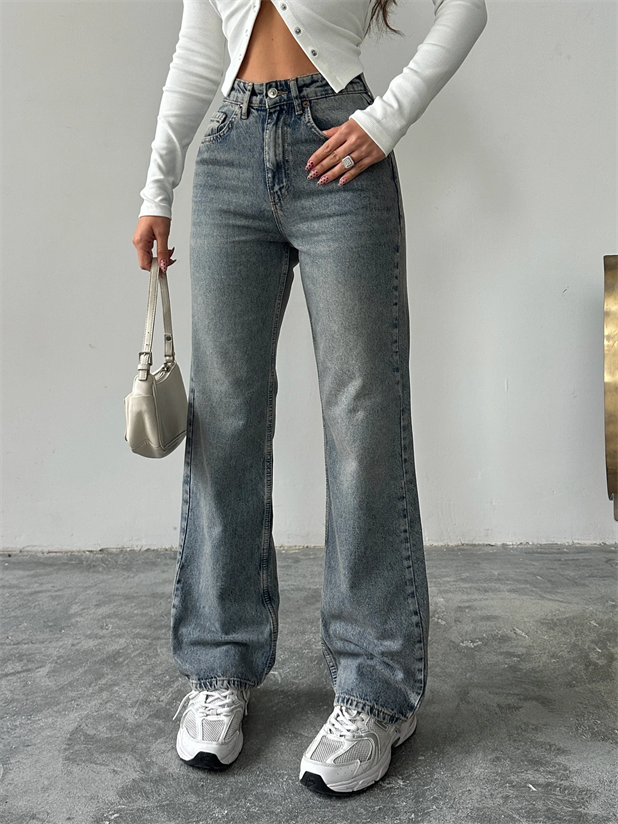 Wide Leg Eskitme Jean - Mavi Yıkama