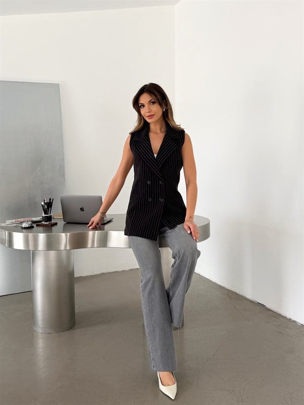 Ceket Yaka Line Yelek - Siyah