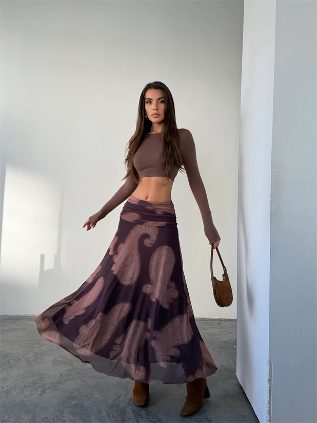 Beli Drapeli Etnik Uzun Etek - Kahve