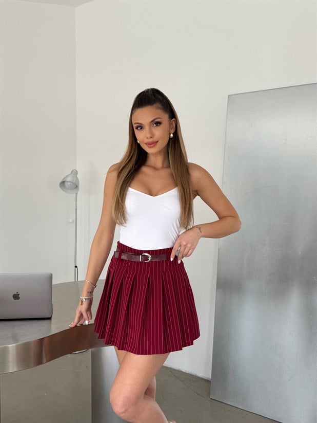 Pileli Çizgili Mini Etek - Bordo
