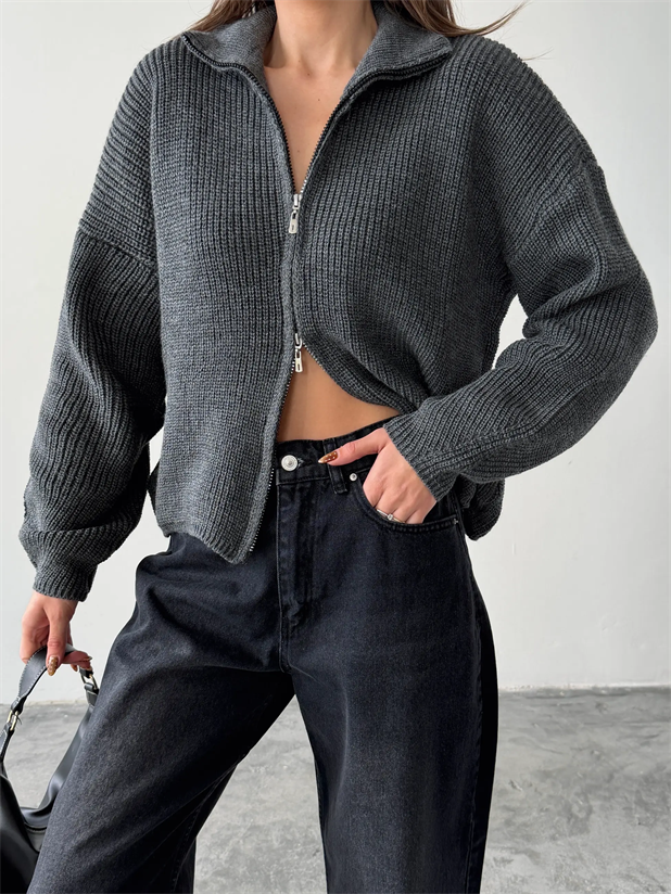 Çift Fermuarlı Triko - Antrasit