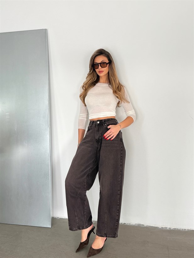 Paça Çift Pensli Boyfriend Jean - Kahve