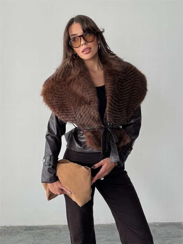 Premium Kürklü Deri Ceket  - Acı kahve