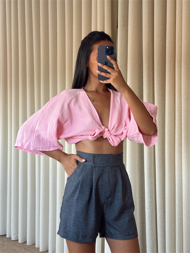 Cırtlı Keten Şort - Antrasit