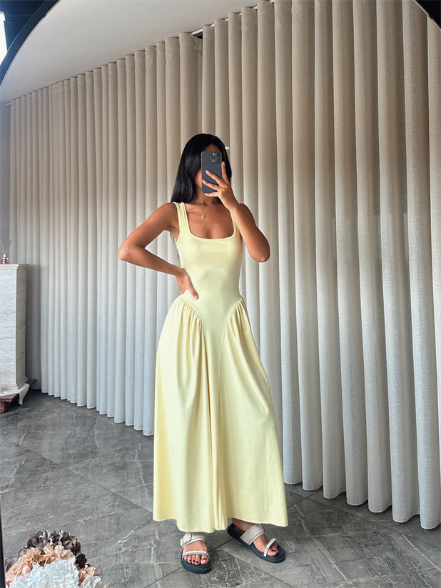 Korse Detaylı Midi Elbise - Sarı