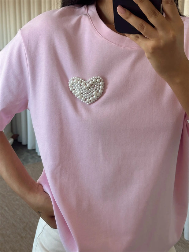 İnci Detay Oversize Basic - Pembe