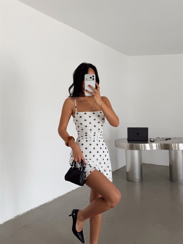 Drapeli Puantiye Mini Elbise - Beyaz