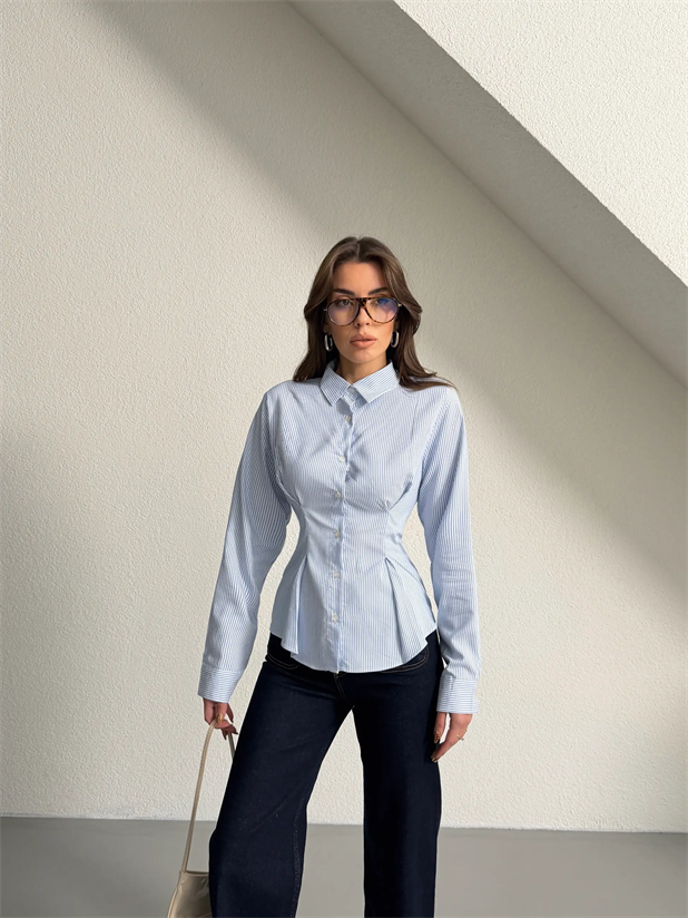 Çizgili Pensli Gömlek - Mavi